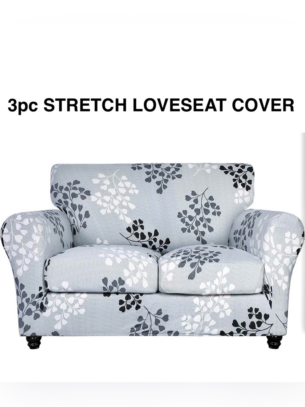 SLIPCOVER 3-piece stretch loveseat grey/white leaf pattern size from 58" - 72"